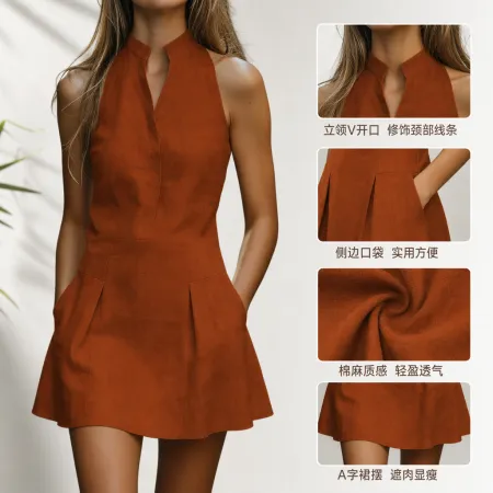 A new orange sleeveless dress for women's summer, a slimming and form-fitting A-line dress A new orange sleeveless dress for women's summer, a slimming and form-fitting A-line dress